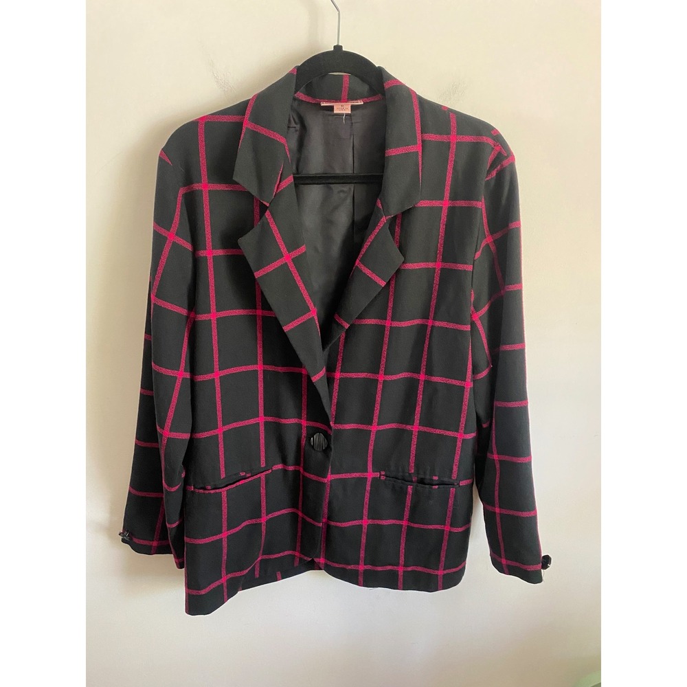 Jaclyn Smith Vintage Pink Black Windowpane Grid Blazer Jacket Made in USA Size 8